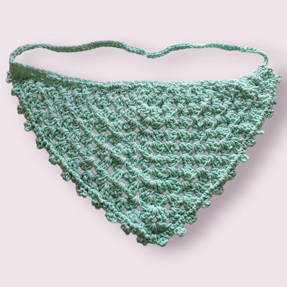 Handmade Crochet Granny Stitch Bandana Triangle Scarf Wrap Green Summer Festival - Picture 1 of 4